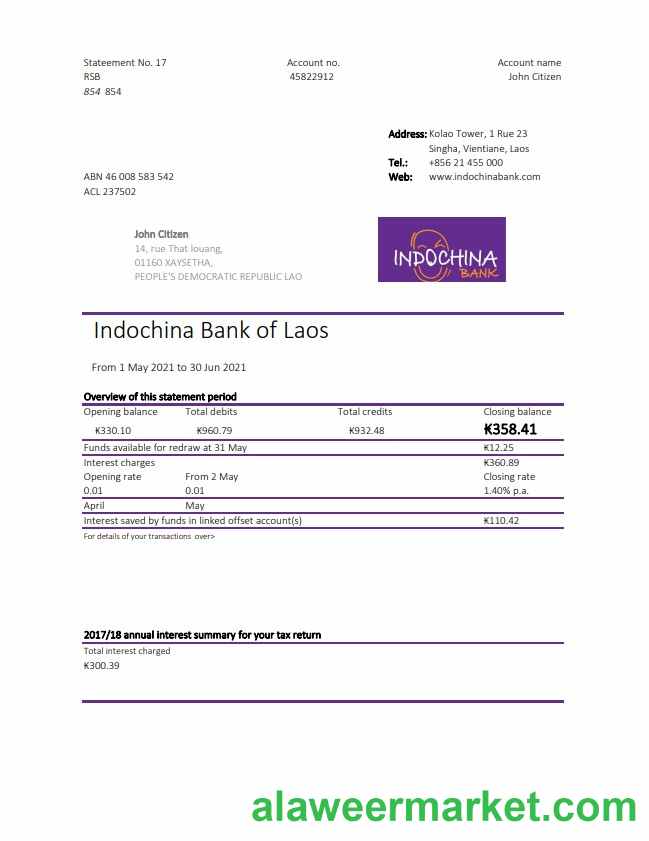 Laos Indochina Bank statement easy to fill template in Excel and PDF format